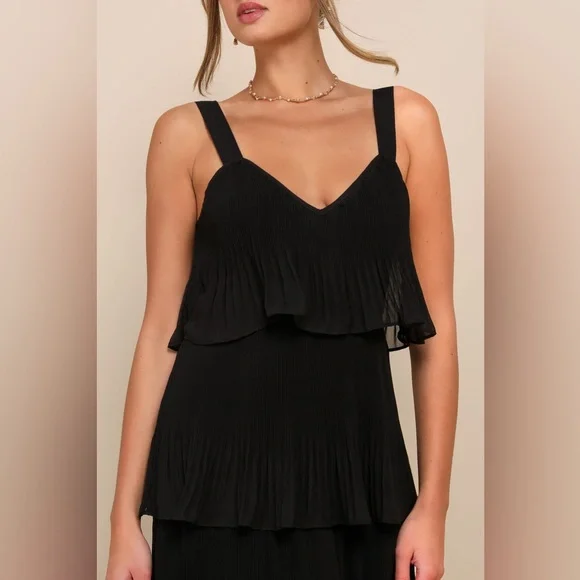 LULU’S Elegant Nature Black Pleated Sleeveless Tiered Maxi Dress - Picture 3 of 6